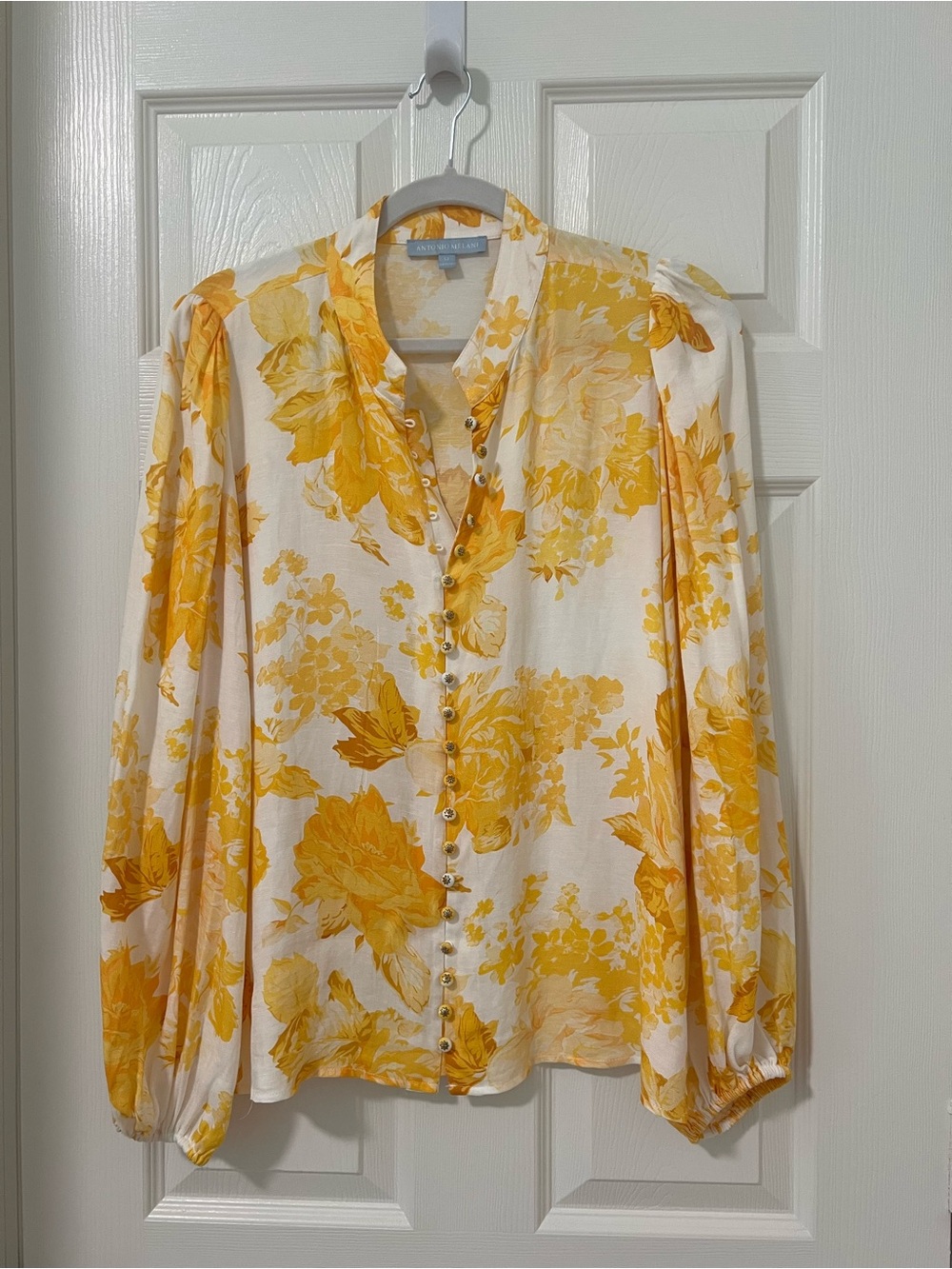 ANTONIO MELANI White and Yellow Floral Button-Front Blouse